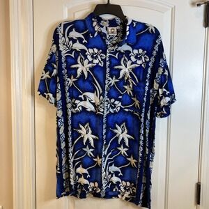 Mad Gringo Mens Blue/White Hawaiian Short Sleeve Button Down Shirt Large Fun Sun